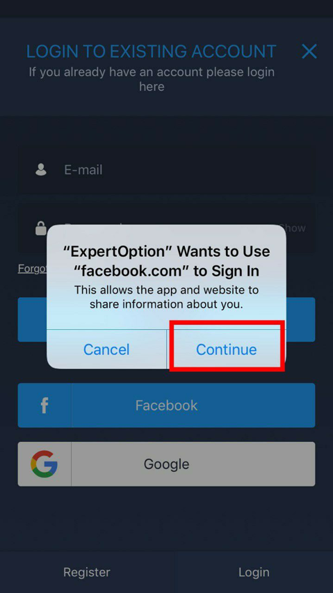 Allow ExpertOption to use your Facebook to login
