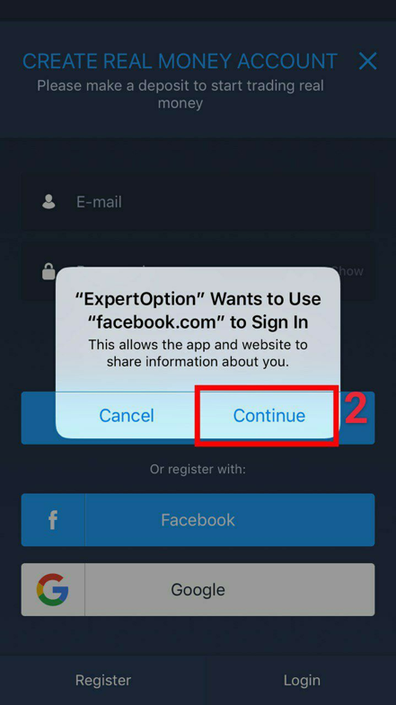 Continue to allow ExpertOption to use your Facebook
            
