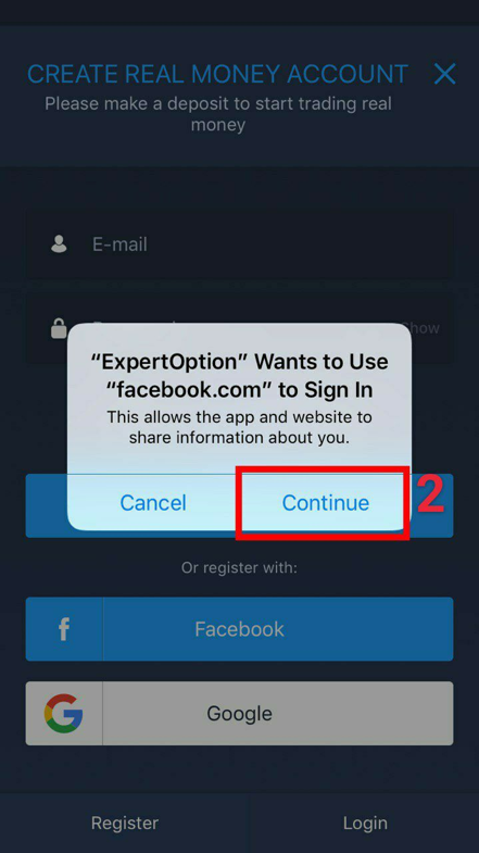 Continue to allow ExpertOption to use your Facebook
            