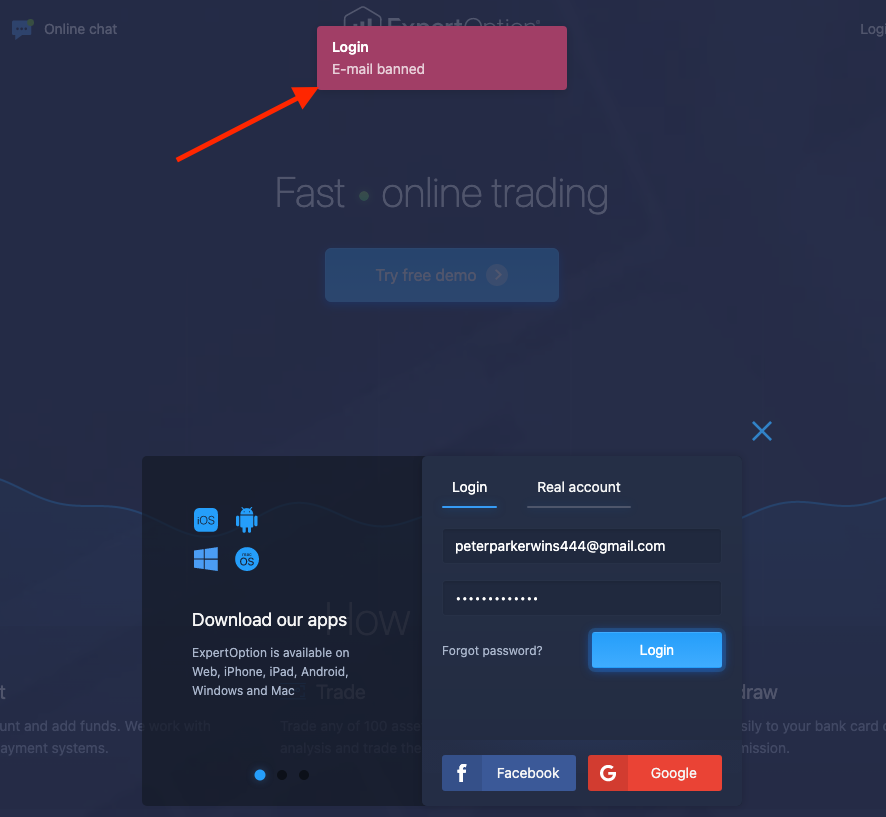 ExpertOption blocked account