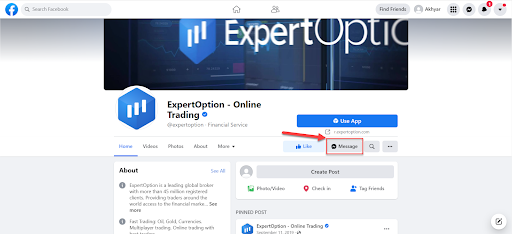 ExpertOption contact by Facebook
